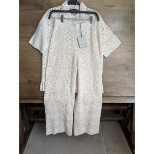 Allsaints Milly Open Knit 2-Piece Pajama Set Womens M Ecru White Short Sleeve